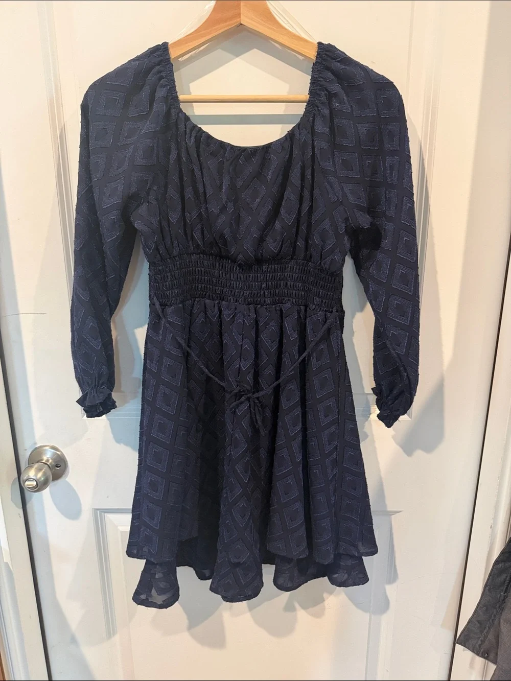Speechless Navy Blue Textured Long Sleeve Formal Dress